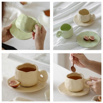 Stoneware Retro Coffee Mug With Saucer