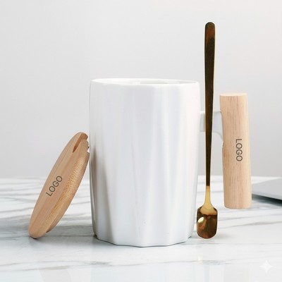 Ceramic Diamond Matte Mug with Wooden Handle Lid and Spoon