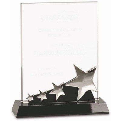 7" Rectangle Crystal with Silver Stars on Black Pedestal Base
