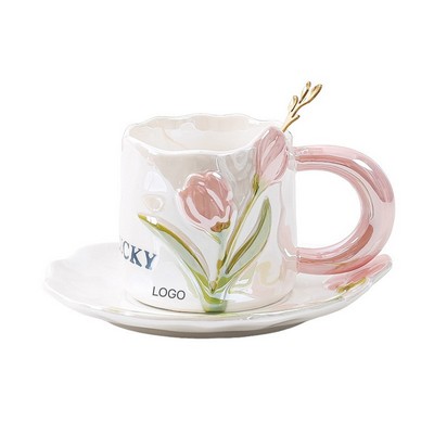 Pearlescent Tulip Ceramic Coffee Cup and Saucer Set with Spoon Elegant Afternoon Tea Gift