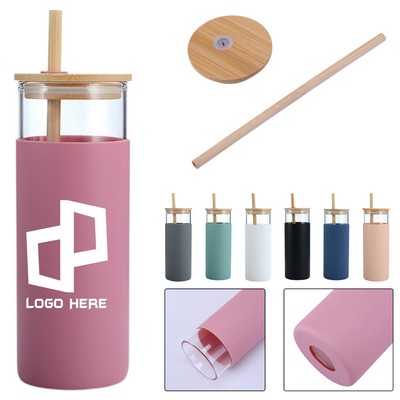 18Oz Glass Straw Tumbler W/ Bamboo Lid
