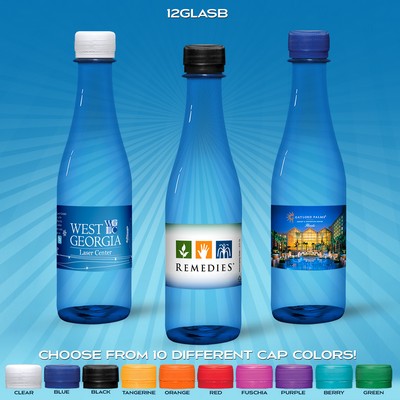 12 Oz. Custom Labeled Water in Blue "Glastic" Bottle w/Flat Cap