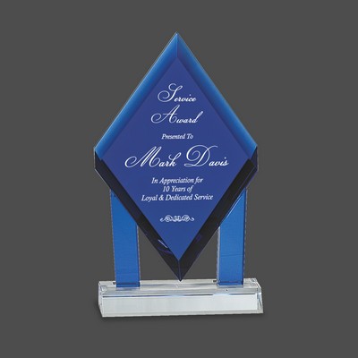 Blue Crystal Floating Diamond Award w/Blue Columns on Clear Base (8¾")