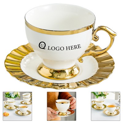 6.7 Oz Gold-Tone Rim Ceramic Cup And Saucer Sets