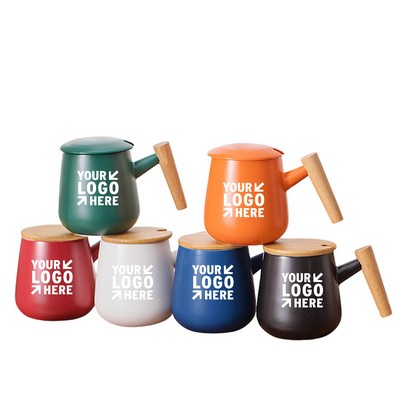 14 oz Ceramic Mug with Wooden Handle Lid Spoon for Coffee