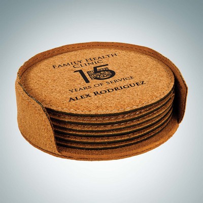 6 Piece Cork Round Coaster Set w/ Holder