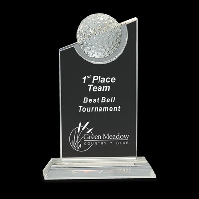 Clear Crystal Award w/Inset Crystal Golf Ball on Clear Base (8")