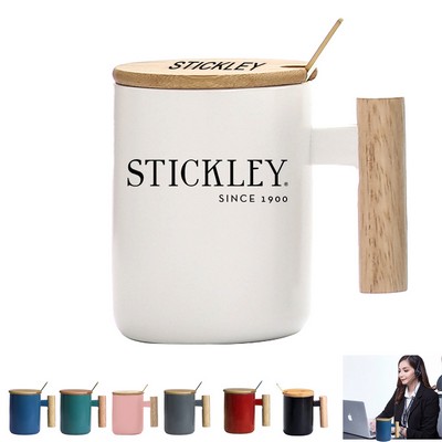 Nordic Ceramic Coffee Mug With Lid, Spoon And Polished Wooden Handle - 13.5 Oz.