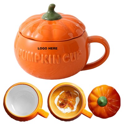 Cute Fall Themed Pumpkin Mug 8.5oz Ceramic Coffee Cup with Lid for Halloween and Thanksgiving