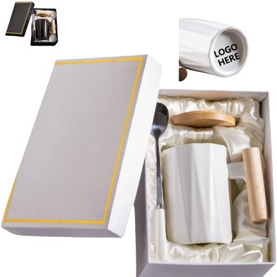 Diamond-Shaped Coffee Mug Set w/ Bamboo Lid& Wooden Handle