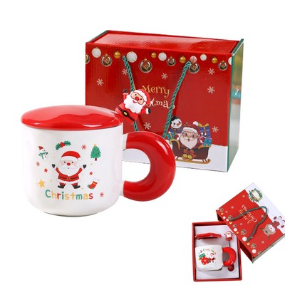 Christmas Ceramics Mug with Lid and Spoon 13.5 OZ Cute Coffee Cup Gift Box Set