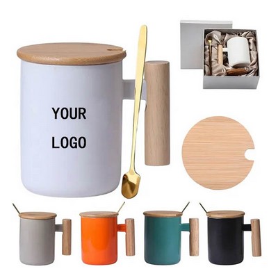 13oz Wooden Handle Coffee Mug With Stir Spoon