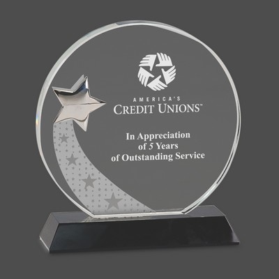 Round Crystal Award w/Silver Star on Black Pedestal Base (7¼")
