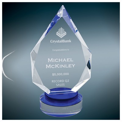 Diamond Facet Crystal on Multi-Level Blue/Clear Round Base, Medium (4-7/8"x6"H)