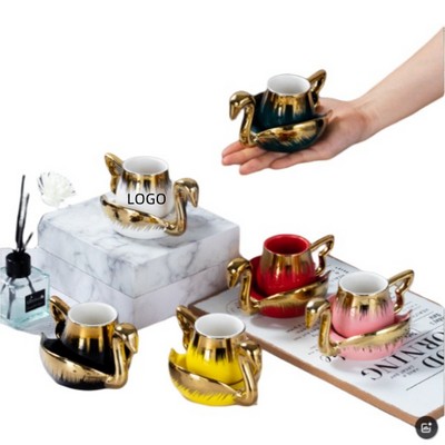 3.38Oz Swan Coffee Cup And Saucer Set With Gold Trim