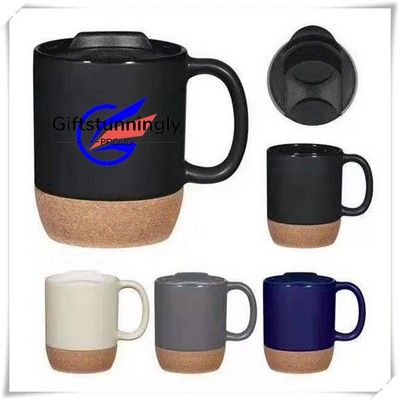 12 oz. Cork Base Splash-Proof Ceramic Coffee Mug w/ Lid & Handle, Dishwasher-Safe
