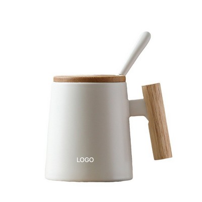 Custom Wood-Handle Ceramic Mug Minimalist Large Capacity Coffee Cup with Lid & Spoon