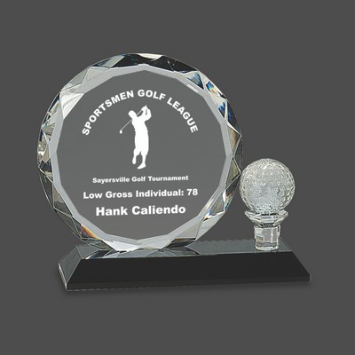 Round Facet Crystal Award w/Golf Ball on Black Pedestal Base (6½")
