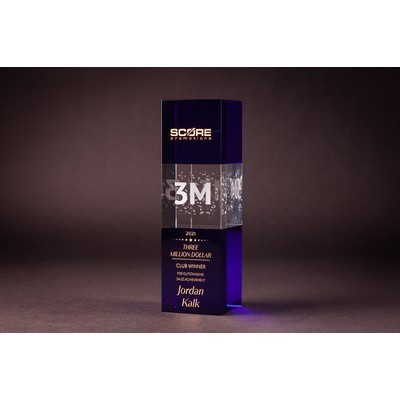 Small Excelsior Award w/blue glass sections 2 3/8 x 2 3/8 x 8"