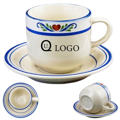 7 Oz Ceramics Cup And Saucer Sets W/ Blue Rim