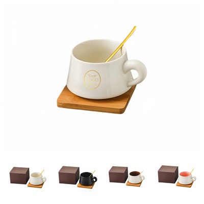 10 Oz. Ceramic Coffee Cup Set W/ Wood Saucer & Spoon