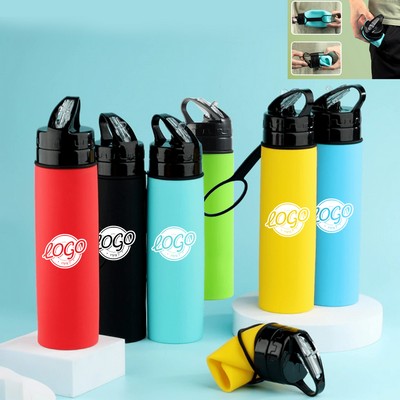 20 Oz Folding Silicone Water Bottle with Strap and Straw