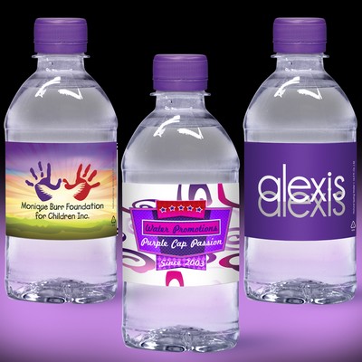 12 Oz. Custom Label Water w/Purple Flat Cap - Clear Bottle