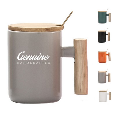 12oz Wood Handle Ceramic Coffee Mug with Lip and Spoon
