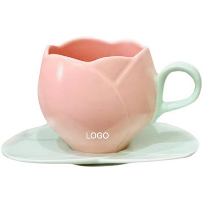 Embossed Ceramic Tulip Coffee Cup and Saucer Set Artistic Boutique Floral Office Mug