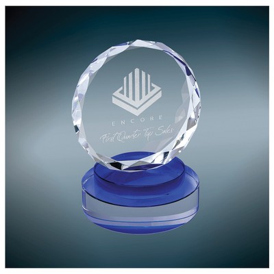 Round Facet Crystal on Multi-Level Blue/Clear Round Base, Small (4"x5"H)