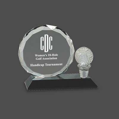 Round Facet Crystal Award w/Golf Ball on Black Pedestal Base (5½")