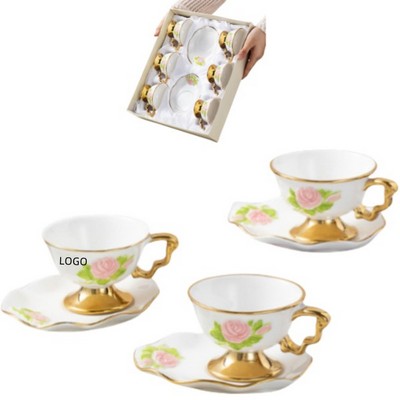 3.38Oz Rose Coffee Cup And Saucer Set With Gold Trim