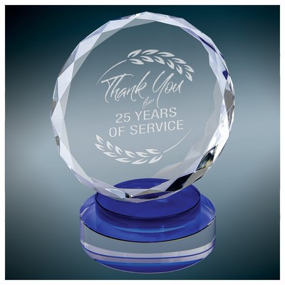 Round Facet Crystal on Multi-Level Blue/Clear Round Base, Medium (4-7/8"x6"H)