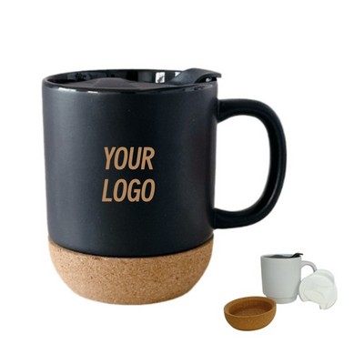 Cork Base Splash-Proof Ceramic Coffee Mug W/ Lid & Handle