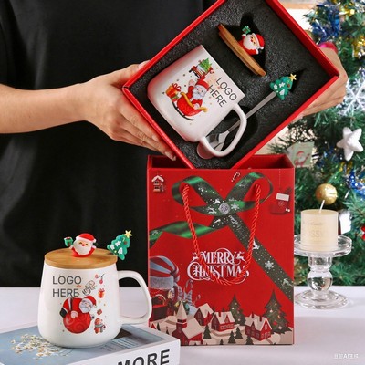 Cute Cartoon Santa Ceramic Mug with Lid & Spoon