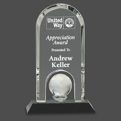 Clear Crystal Dome Award w/Inset Globe on Black Pedestal Base