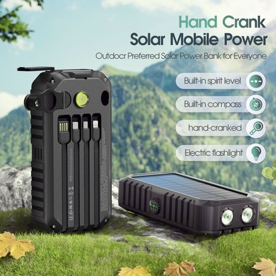 High Capacity Portable Hand Crank Solar Power Bank 20000mah w/ Built-in Cable