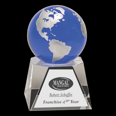 Blue Crystal Globe Award on Clear Crystal Base (6½")